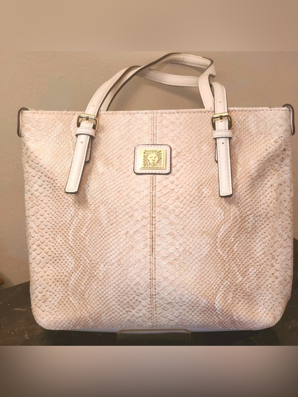 Anna Klein Cream Snake-Embossed Tote Bag